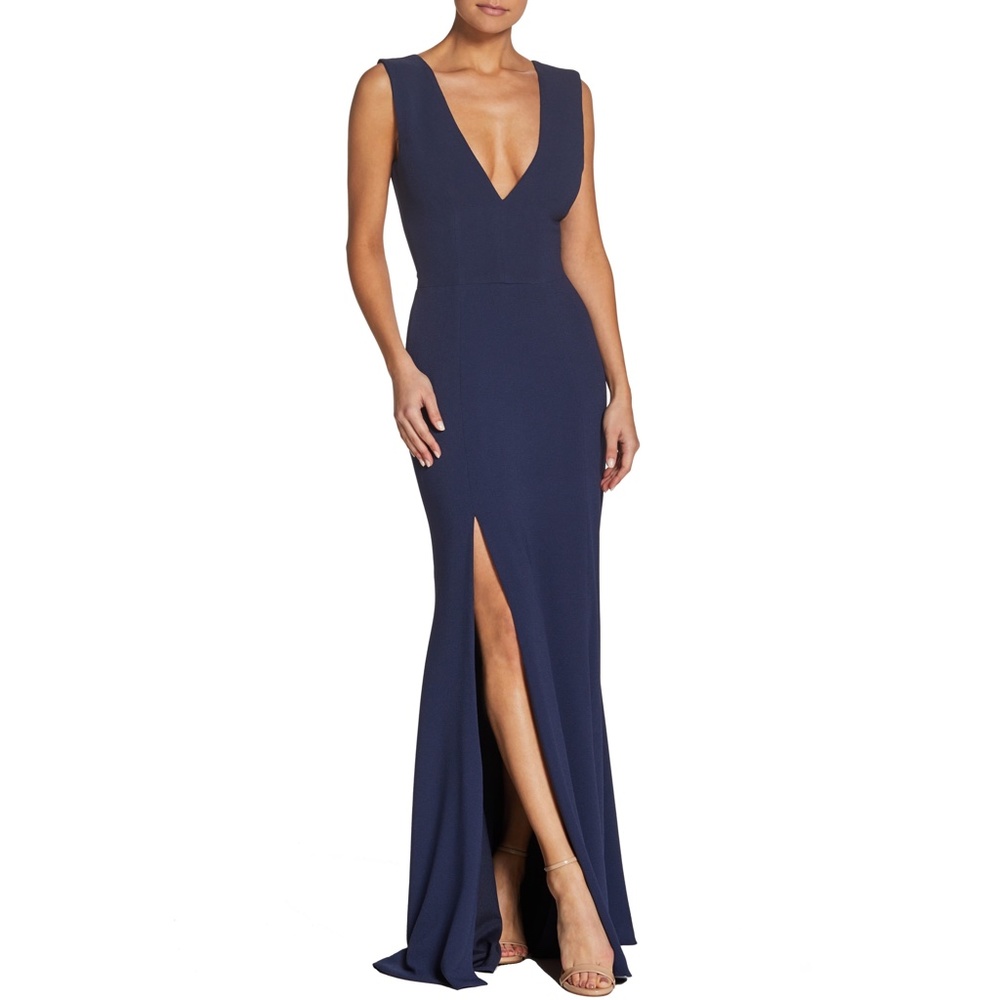 NEW Dress the Population Sandra Plunge Crepe Slit Gown Blue Large